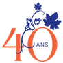 Le chiffre 40 en orange avec une branche de fleurs bleues et le texte "ANS" à droite