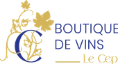 Logo de "Boutique de Vins Le Cep" avec une lettre C ornée de feuilles de vigne dorées sur fond noir