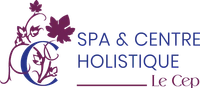 Logo avec une lettre C décorée de feuilles et de grappes de raisin, accompagné du texte "SPA & CENTRE HOLISTIQUE Le Cep"