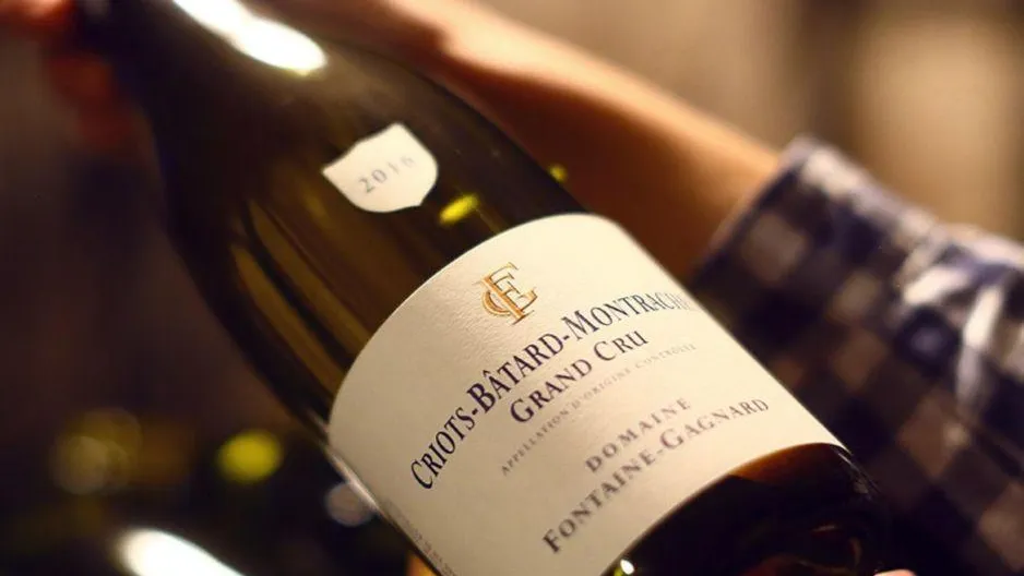 Une main tient une bouteille de vin avec l'étiquette "Criots-Bâtard-Montrachet Grand Cru Domaine Fontaine-Gagnard" et l'année 2014