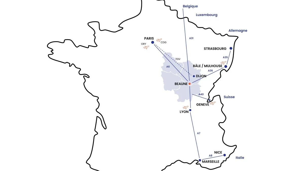 Carte de la France avec les principales villes, autoroutes et aéroports, ainsi que les pays limitrophes