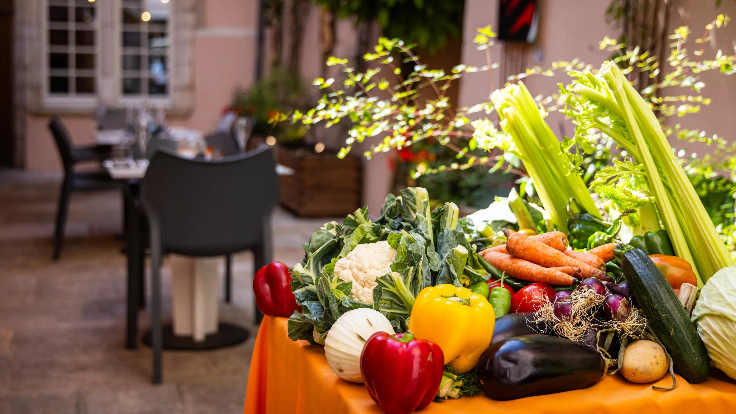 Un assortiment de légumes frais disposés sur une table en extérieur avec des chaises et des plantes en arrière-plan