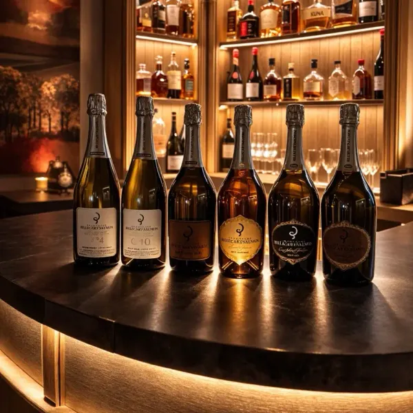 Six bottles of champagne lined up on a counter in front of a shelf filled with alcohol bottles
