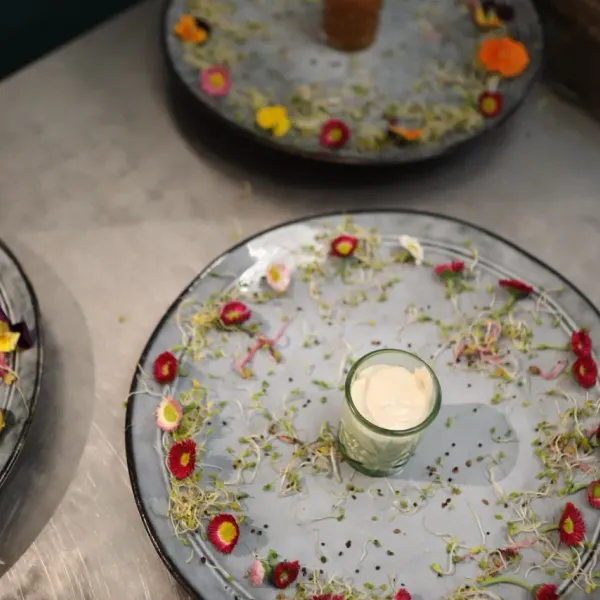 Three transparent plates with microgreens, edible flowers, and small pots of cream in the center, placed on a metal surface.