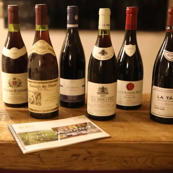 Nine bottles of wine lined up on a wooden table with a notebook in front of them