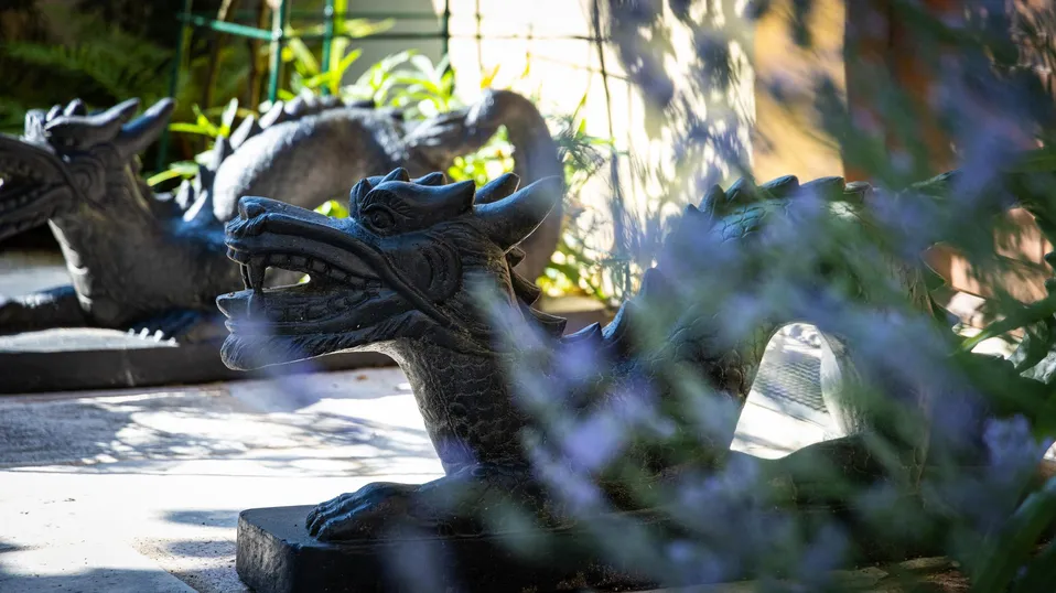 Statue de dragon en pierre noire posée sur un socle, dans un jardin avec des plantes en arrière-plan