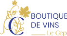Logo de "Boutique de Vins Le Cep" avec une lettre C ornée de feuilles de vigne dorées sur fond noir