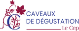 Logo avec une lettre C décorée de feuilles de vigne et de grappes de raisin, suivi du texte "CAVEAUX DE DÉGUSTATION Le Cep"